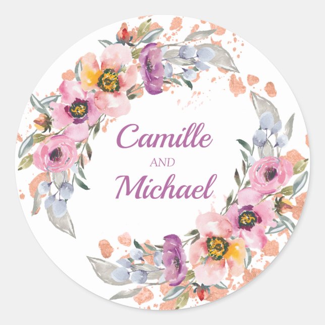 Watercolor Floral with Rose Gold Classic Round Sticker (Front)