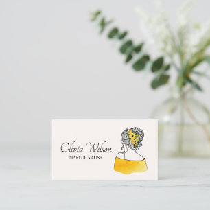 Watercolor Floral Woman Line Art Makeup Artist Business Card