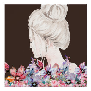 Watercolor Floral Woman Portrait Poster