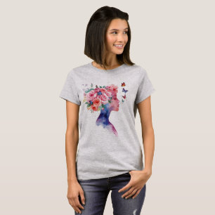 Watercolor Floral Woman Portrait with Roses and Bu T-Shirt