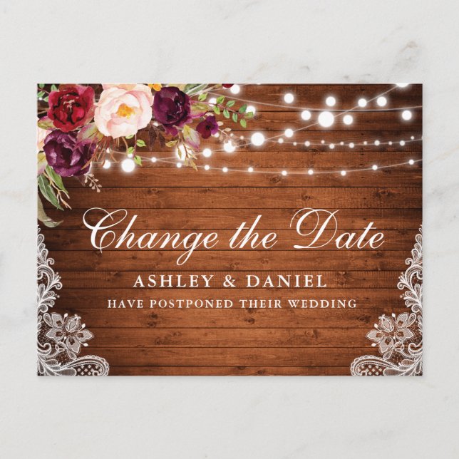 Watercolor Floral Wood Change The Date Postcard (Front)