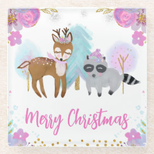 Watercolor Floral Woodland Animals Friends Glass Coaster