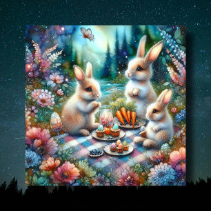 Watercolor Floral Woodland Bunny Easter Picnic Holiday Card