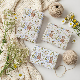 Watercolor Floral Woodland Forest Knitted Bear Wrapping Paper Sheet