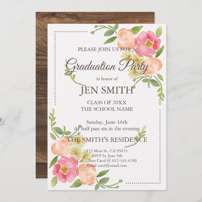 Watercolor Floral Woodsy Graduation Invitation (Front/Back)