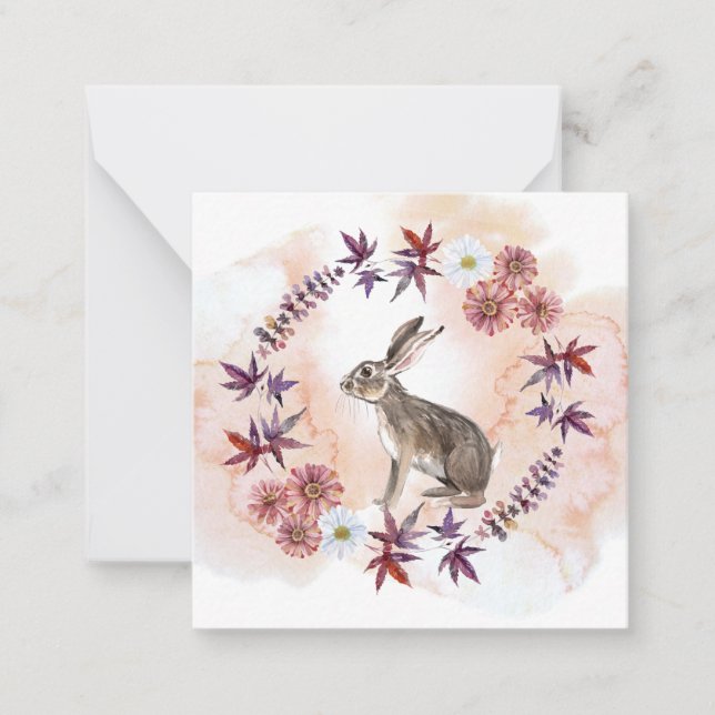 Watercolor Floral Wreath and Hare Note Card (Front)