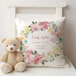 Watercolor Floral Wreath | Baby Girl Birth Stats Cushion<br><div class="desc">This lovely and trendy baby birth stats pillow features a clean white background with subtle pink polka dots, and a gorgeous watercolor wreath full of flowers in shades of pink, ivory, white, and peach with lots of green and teal leaves. Add name or monogram, birth date, and all the stats...</div>
