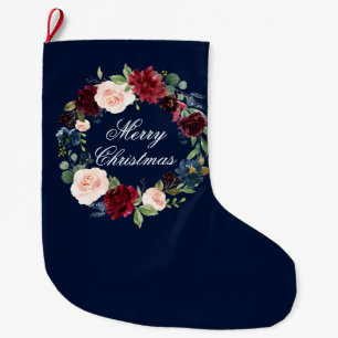 Watercolor Floral Wreath Blue Large Christmas Stocking