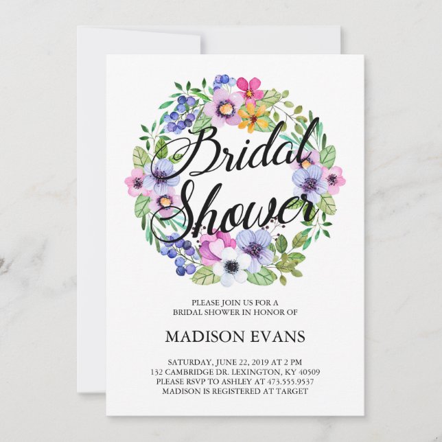 Watercolor Floral Wreath Bridal Shower Invitation (Front)