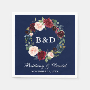 Watercolor Floral Wreath Burgundy Blue Wedding Napkin