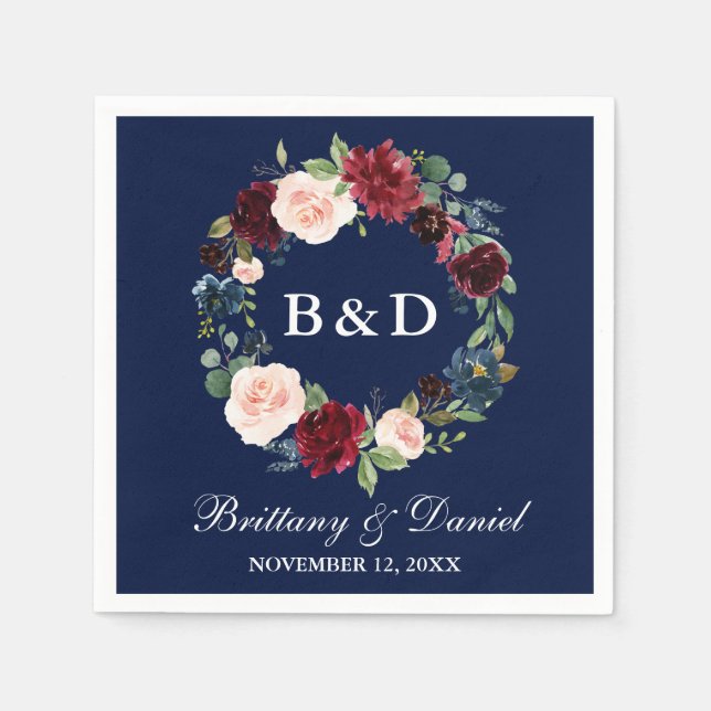 Watercolor Floral Wreath Burgundy Blue Wedding Napkin (Front)