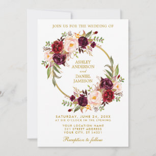 Watercolor Floral Wreath Burgundy Gold Wedding Invitation