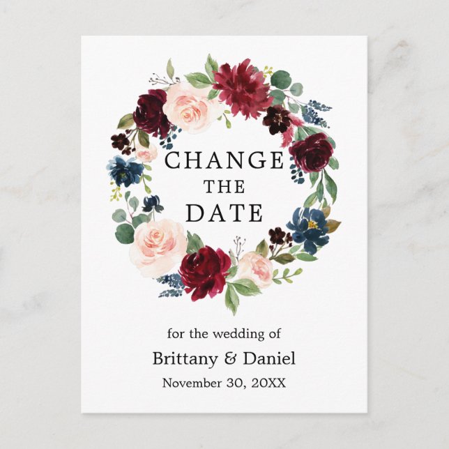 Watercolor Floral Wreath Change The Date Postcard (Front)