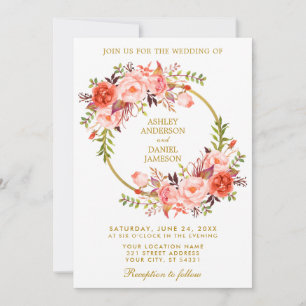 Watercolor Floral Wreath Coral Gold Wedding Invitation