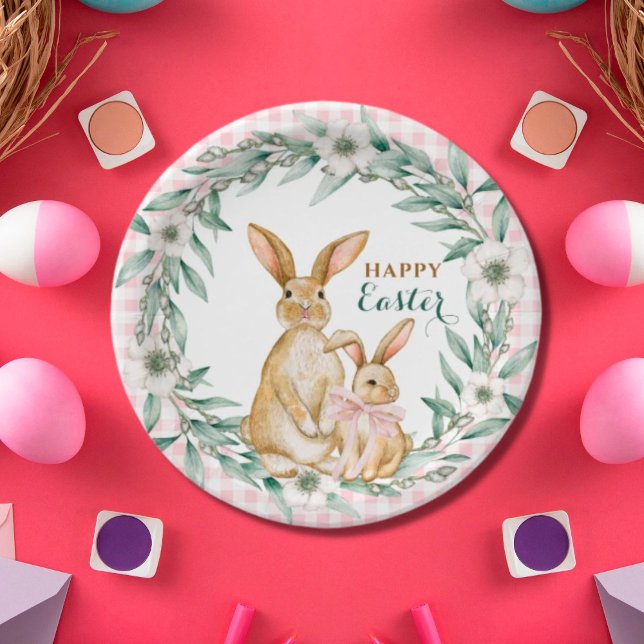 Watercolor Floral Wreath Happy Easter Paper Plate (Creator Uploaded)