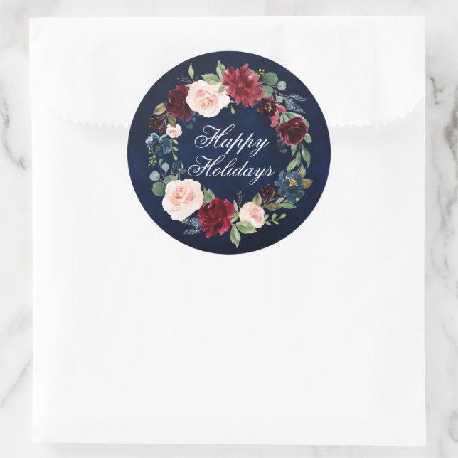 Watercolor Floral Wreath Happy Holidays Round Classic Round Sticker (Bag)