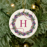 Watercolor Floral Wreath Initial Christmas Ceramic Ornament<br><div class="desc">Hand illustrated wreath in aged effect with zazzle filter; editable background colour and initial colours/fonts. Original illustration by Becky nimoy</div>