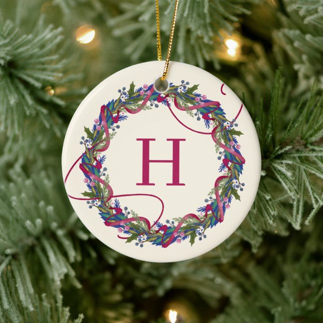 Watercolor Floral Wreath Initial Christmas Ceramic Ornament (Tree)