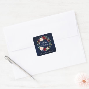Watercolor Floral Wreath Merry Christmas Small Square Sticker