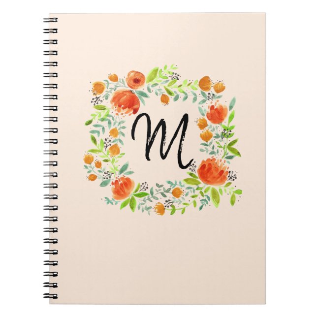 Watercolor Floral Wreath Monogram Notebook (Front)