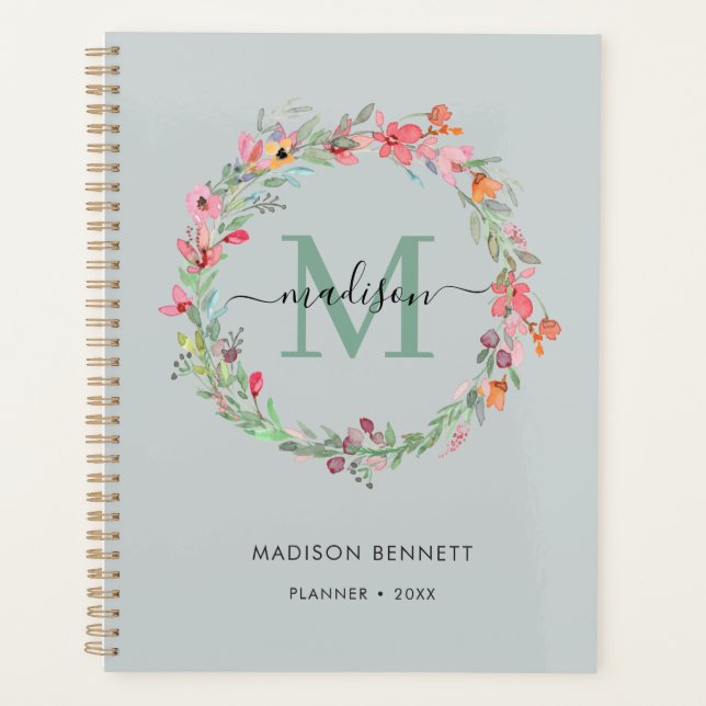 Watercolor Floral Wreath Monogram Planner (Front)