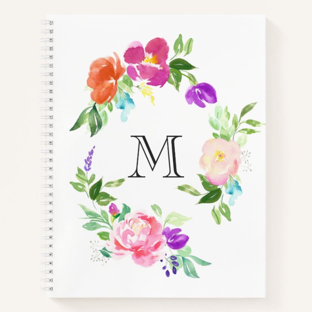 Watercolor Floral Wreath Personalised Monogram Notebook (Front)