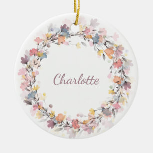 Watercolor Floral Wreath Personalised Name Ceramic Ornament