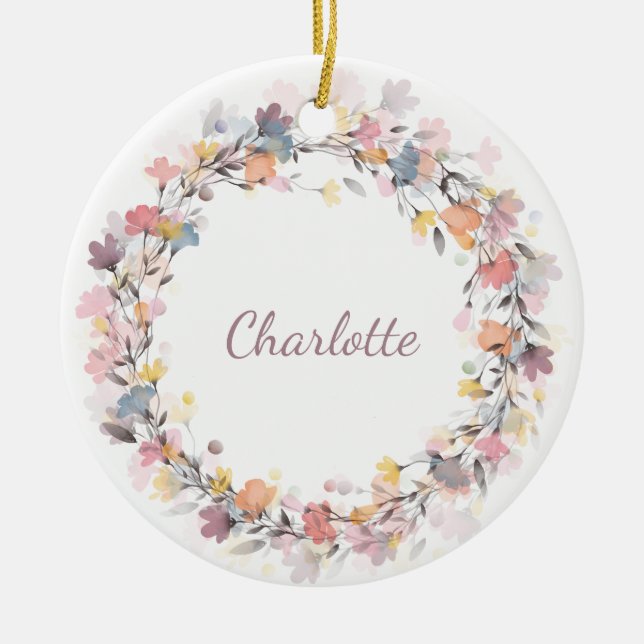 Watercolor Floral Wreath Personalised Name Ceramic Ornament (Front)