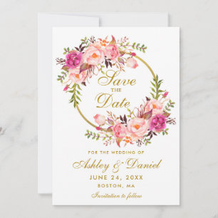 Watercolor Floral Wreath Pink Gold Save The Date