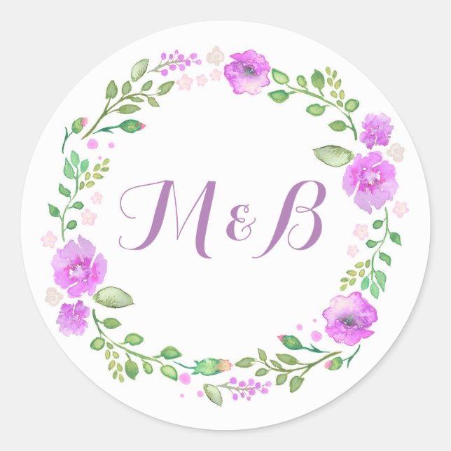 Watercolor Floral Wreath Purple Wedding Classic Round Sticker (Front)