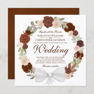 Watercolor Floral Wreath Rust Orange Wedding Invitation