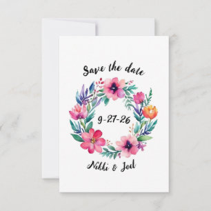 Watercolor floral wreath Save The Date Card