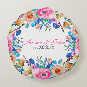 Watercolor Floral Wreath- Save The Date Round Cushion