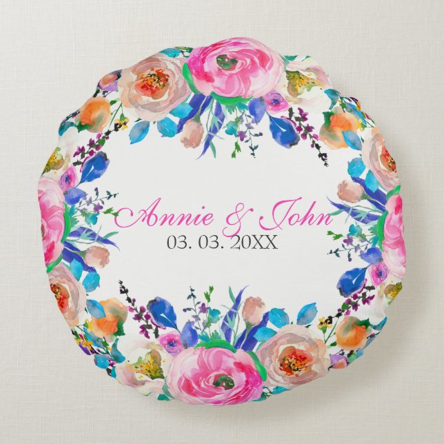 Watercolor Floral Wreath- Save The Date Round Cushion (Back)