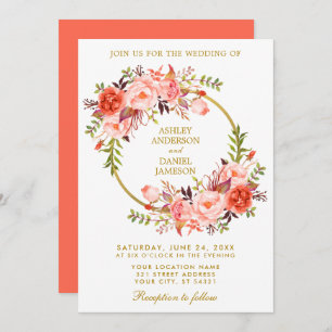 Watercolor Floral Wreath Wedding Coral Gold Invitation