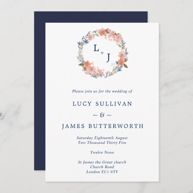 Watercolor Floral Wreath Wedding Invitation (Front/Back)