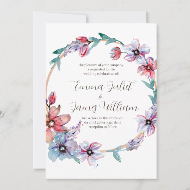 Watercolor Floral Wreath Wedding Invitation (Front)