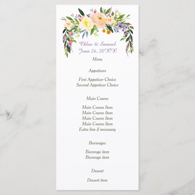 Watercolor Floral Wreath Wedding Menu (Front)