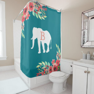 Watercolor Floral Wreath & White Elephant Shower Curtain