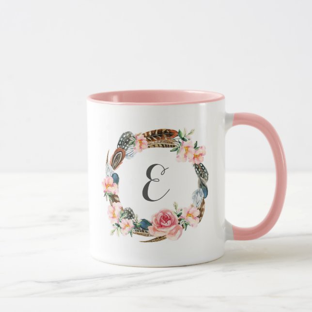 Watercolor Floral Wreath with Feathers | Monogram Mug (Right)