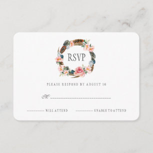 Watercolor Floral Wreath with Feathers   RSVP Card