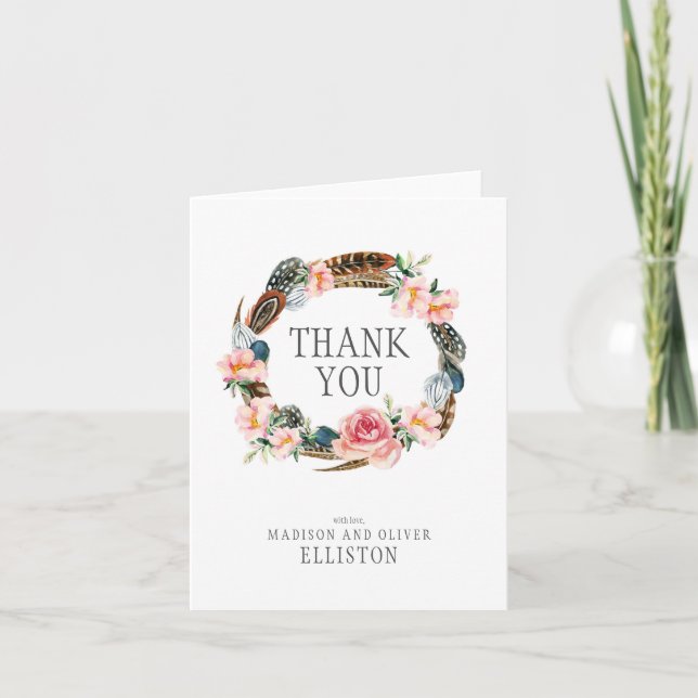 Watercolor Floral Wreath with Feathers | Thank You Card (Front)