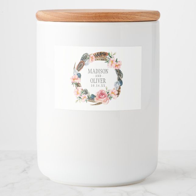 Watercolor Floral Wreath with Feathers | Wedding Food Label (Front)