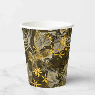 Watercolor floral yellow-brown pattern. paper cups