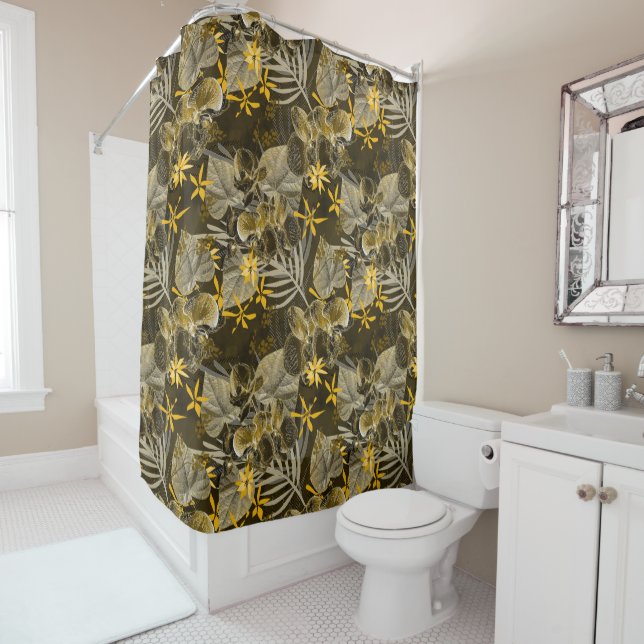 Watercolor floral yellow-brown pattern. shower curtain (In Situ)
