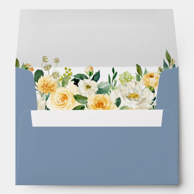 Watercolor Floral Yellow Dusty Blue Wedding Envelope (Back (Bottom))