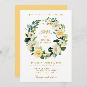 Watercolor Floral Yellow Gold Green Wreath Wedding Invitation