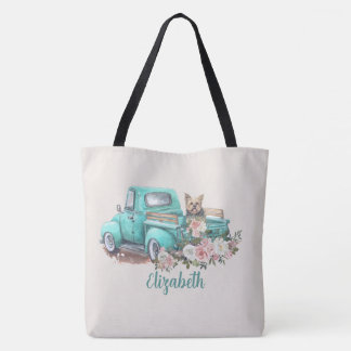 Watercolor Floral & Yorkie in Teal Truck Tote Bag