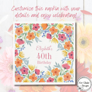 Watercolor Florals 40th Birthday Napkin