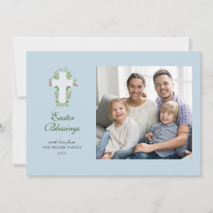 Watercolor Florals and Cross Photo Easter Holiday Card